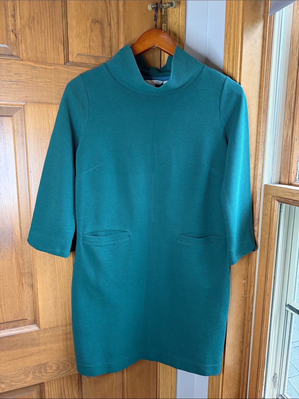 Boden Teal Green Ottoman Ribbed Funnel Neck Shift Dress with Pockets - Size 6